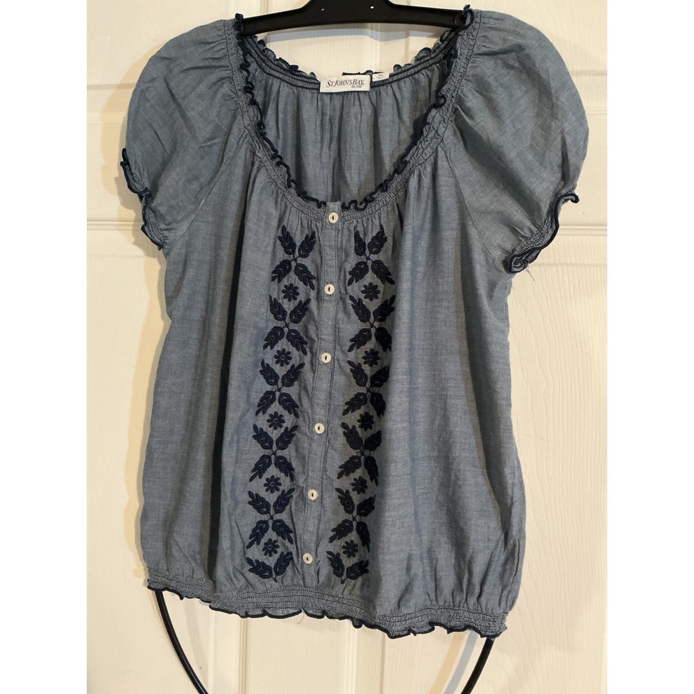 St Johns Bay Womens PS Blue Chambray Embroidered Button Front Smocked Hem Top